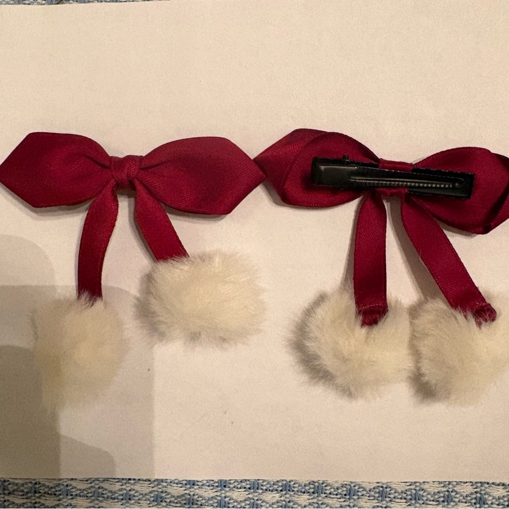Red Ribbon Pom-Pom Hair Clips